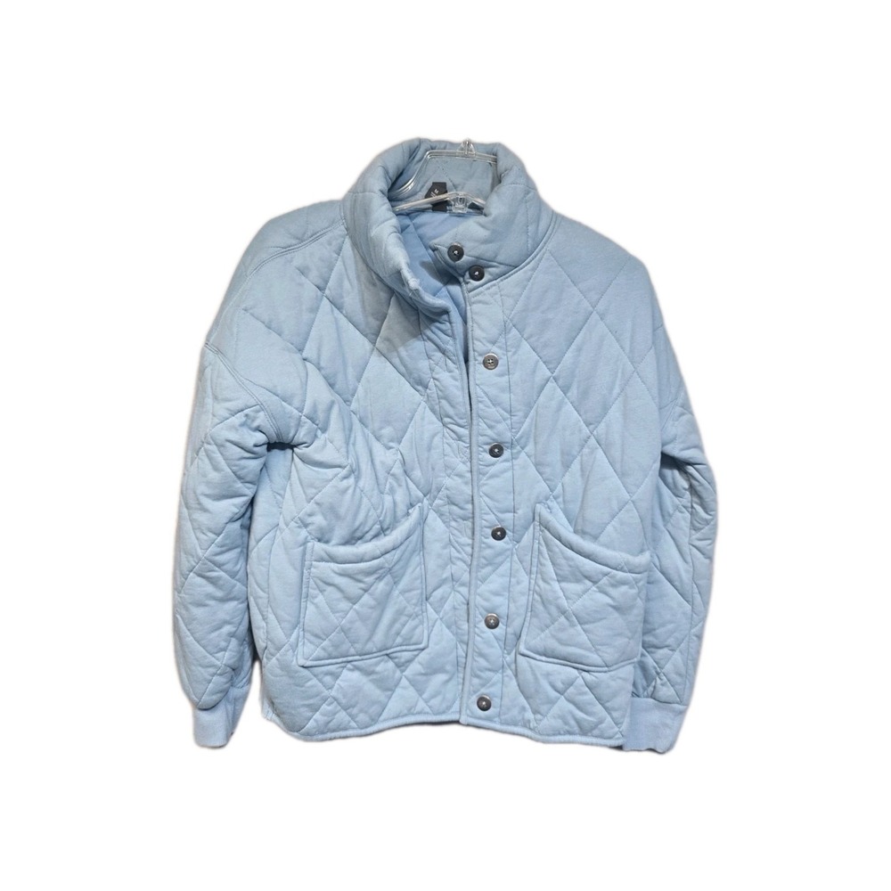 ALYA womens quilted jacket M button up blue pockets lined‎ high collar cozy chic